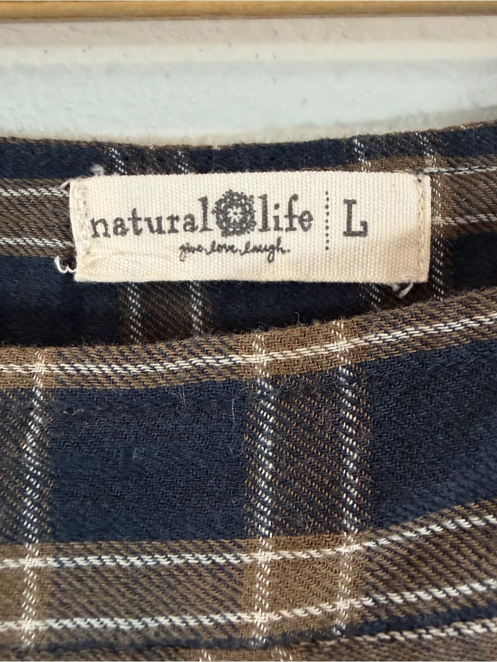 Natural Life Plaid Berkley Maxi Dress Size L Blue Tan Square Neck Tiered Casual - Picture 5 of 7